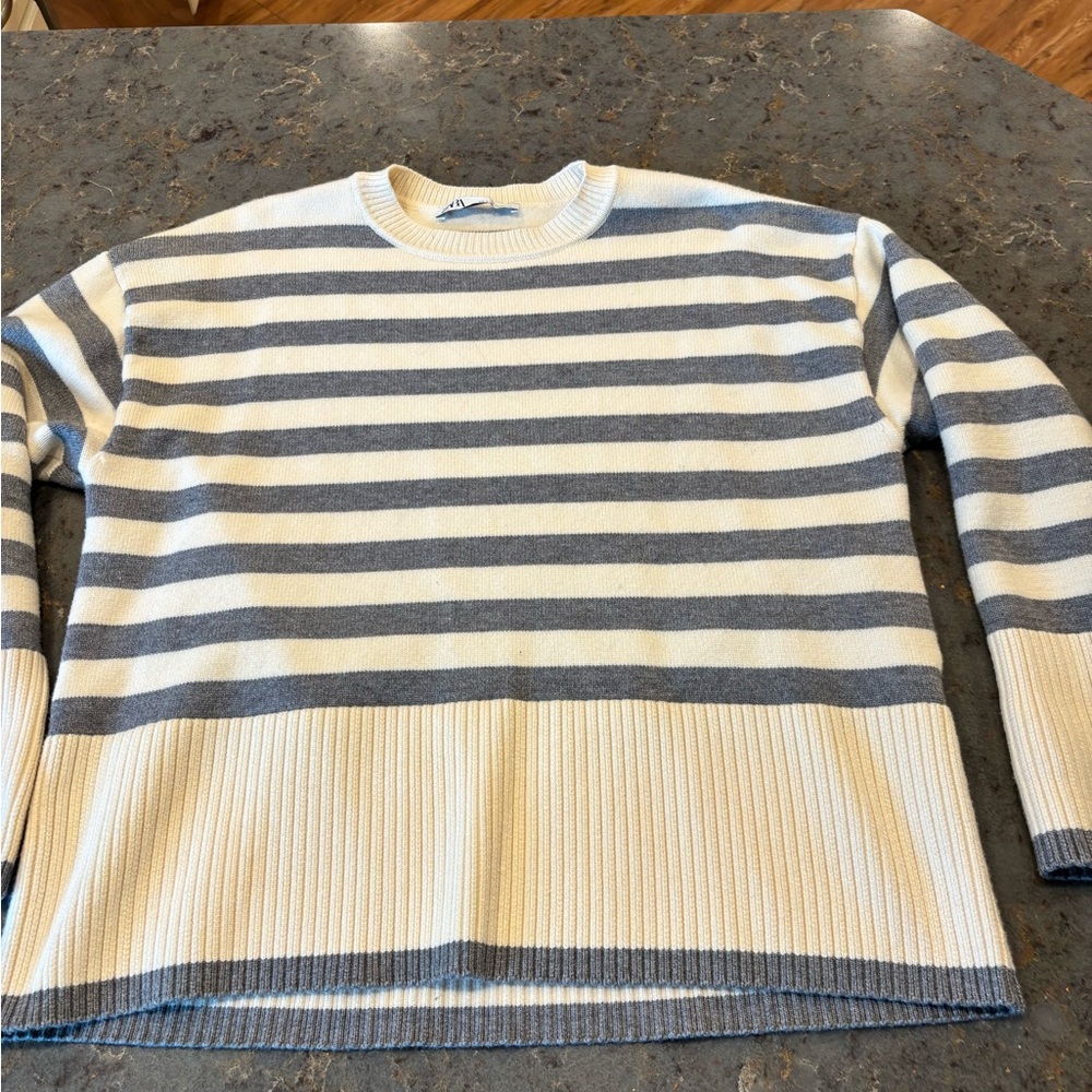 Zara women’s Gray and Cream Striped Crewneck Sweater